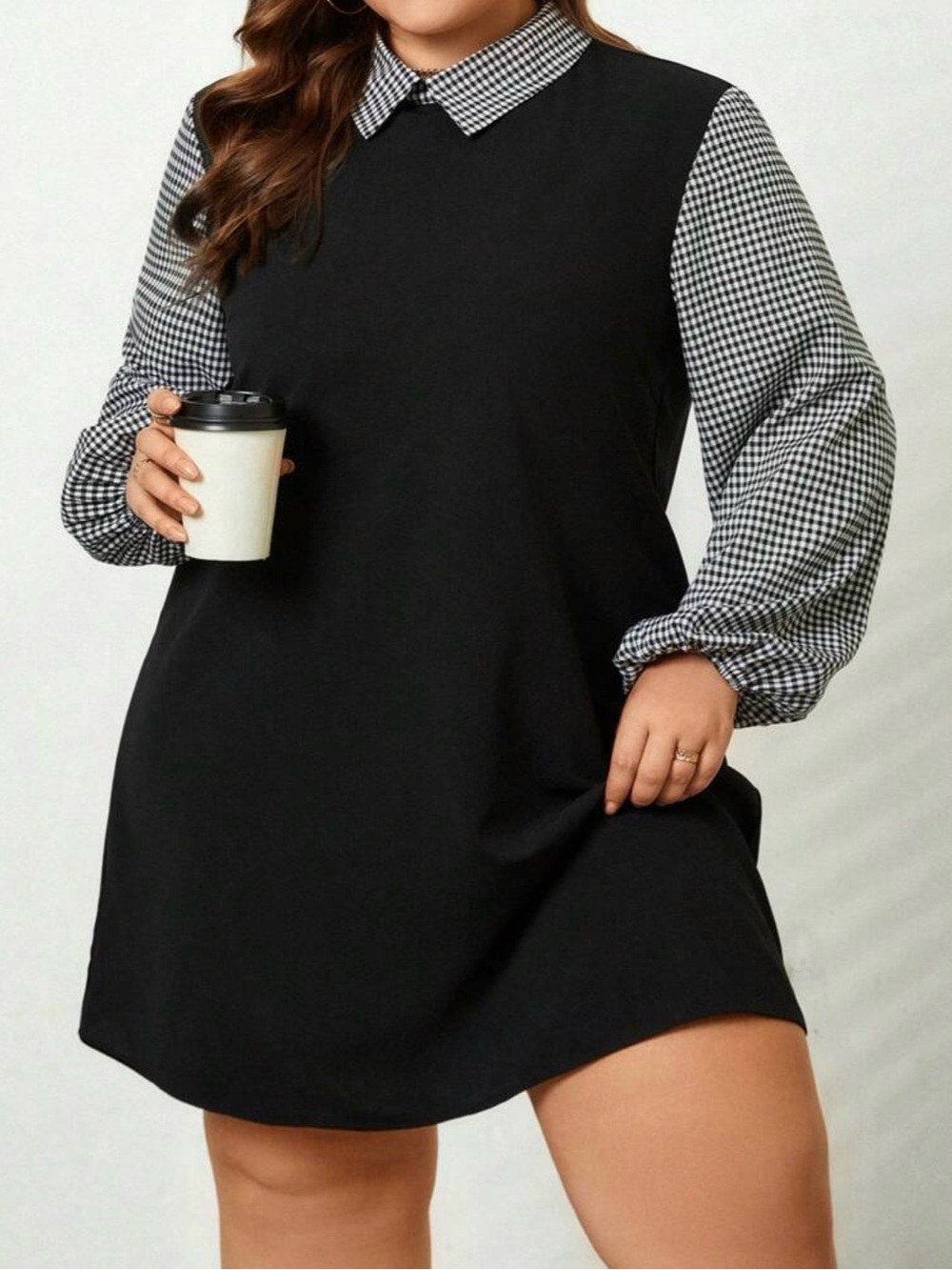 SHEIN Black Mini Dress with Black-and-White Gingham Collar & Sleeves